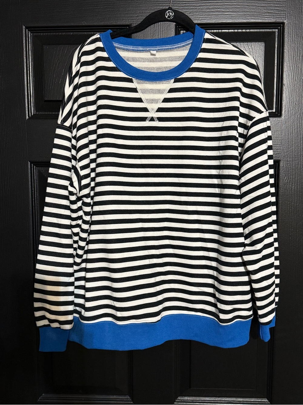 Striped Black & White Sweatshirt with Blue Trim